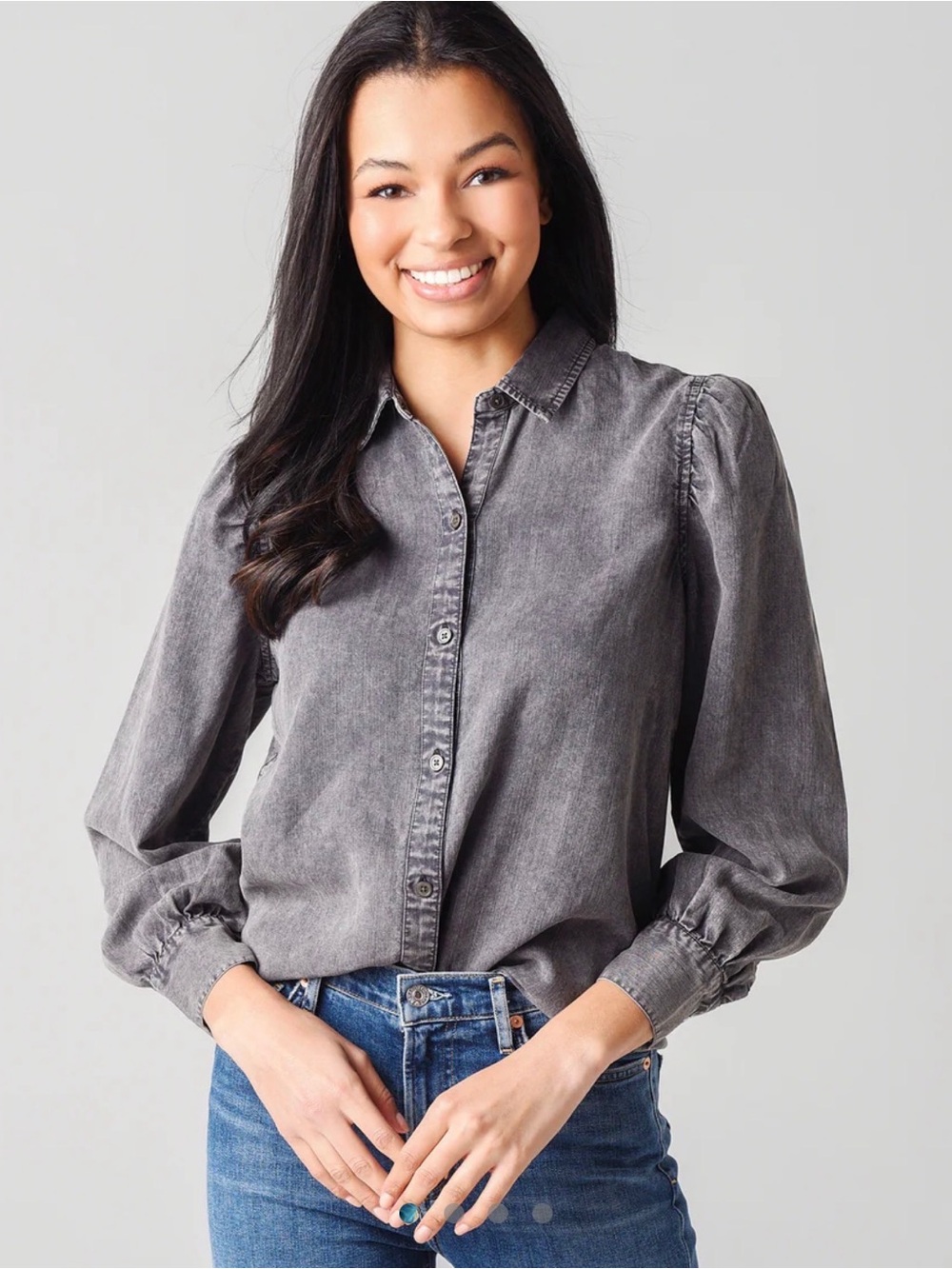 Rails Washed Gray Puff-Sleeve Button-Down Shirt